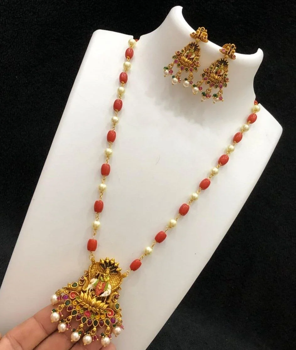 Antique Coral Pearl Krishna Pendant set